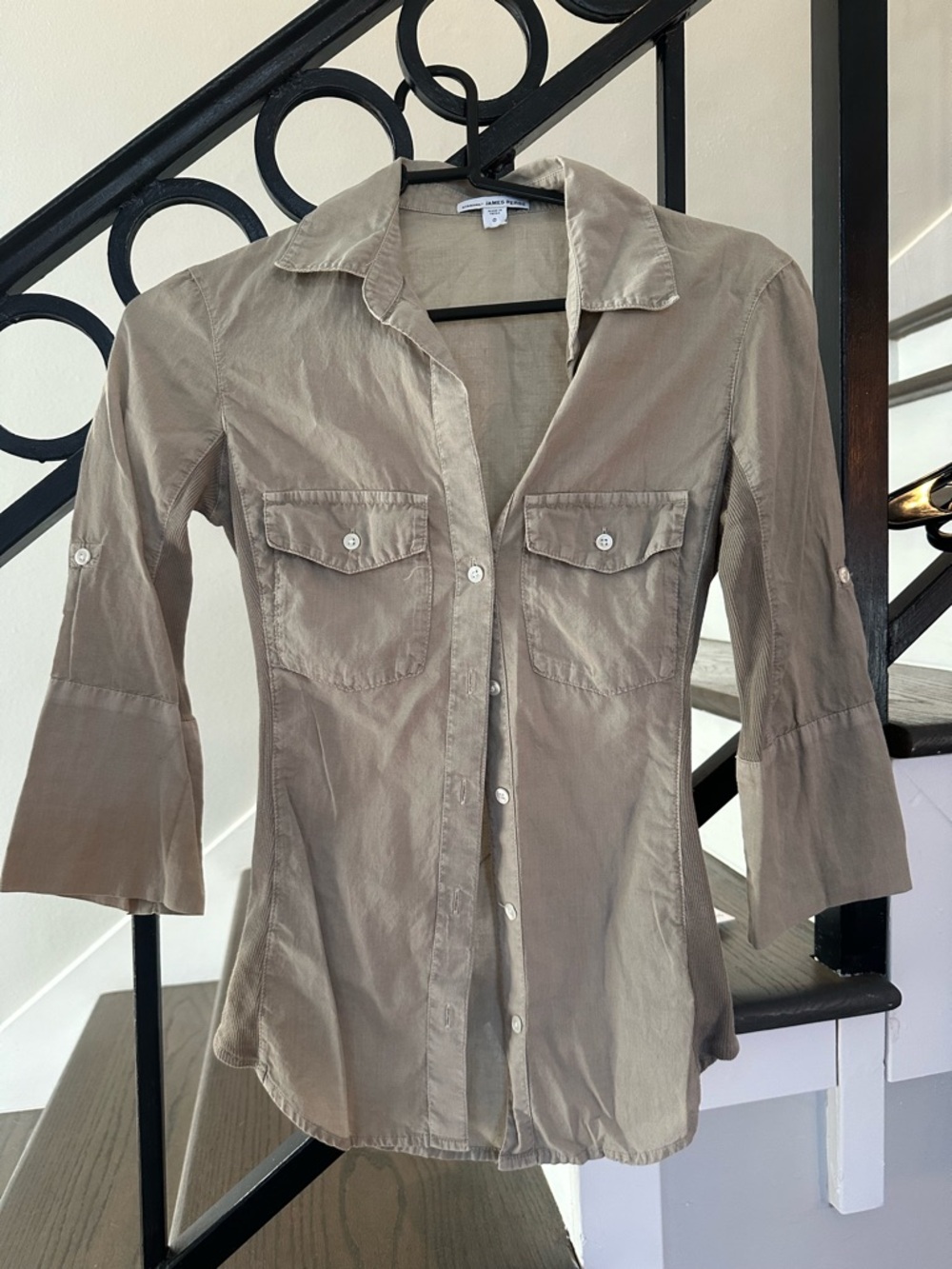 JAMES PERSE Taupe/Olive Standard Button Down Shirt Roll-Up Sleeves SIZE 0/XS